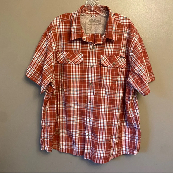(EDDIE BAUER shirt 2XL Orange plaid short sleeve button down moisture wicking - Picture 1 of 10